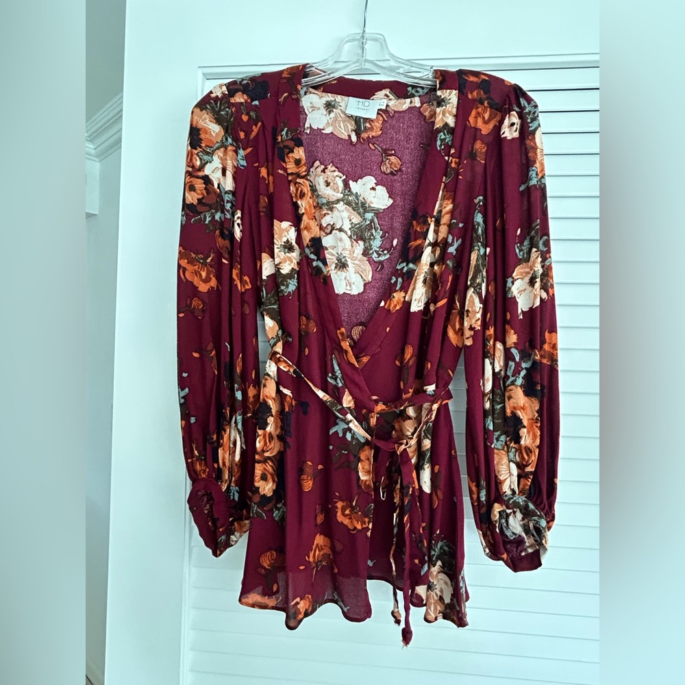 Anthropologie Floral Wrap Blouse - Burgundy and Orange